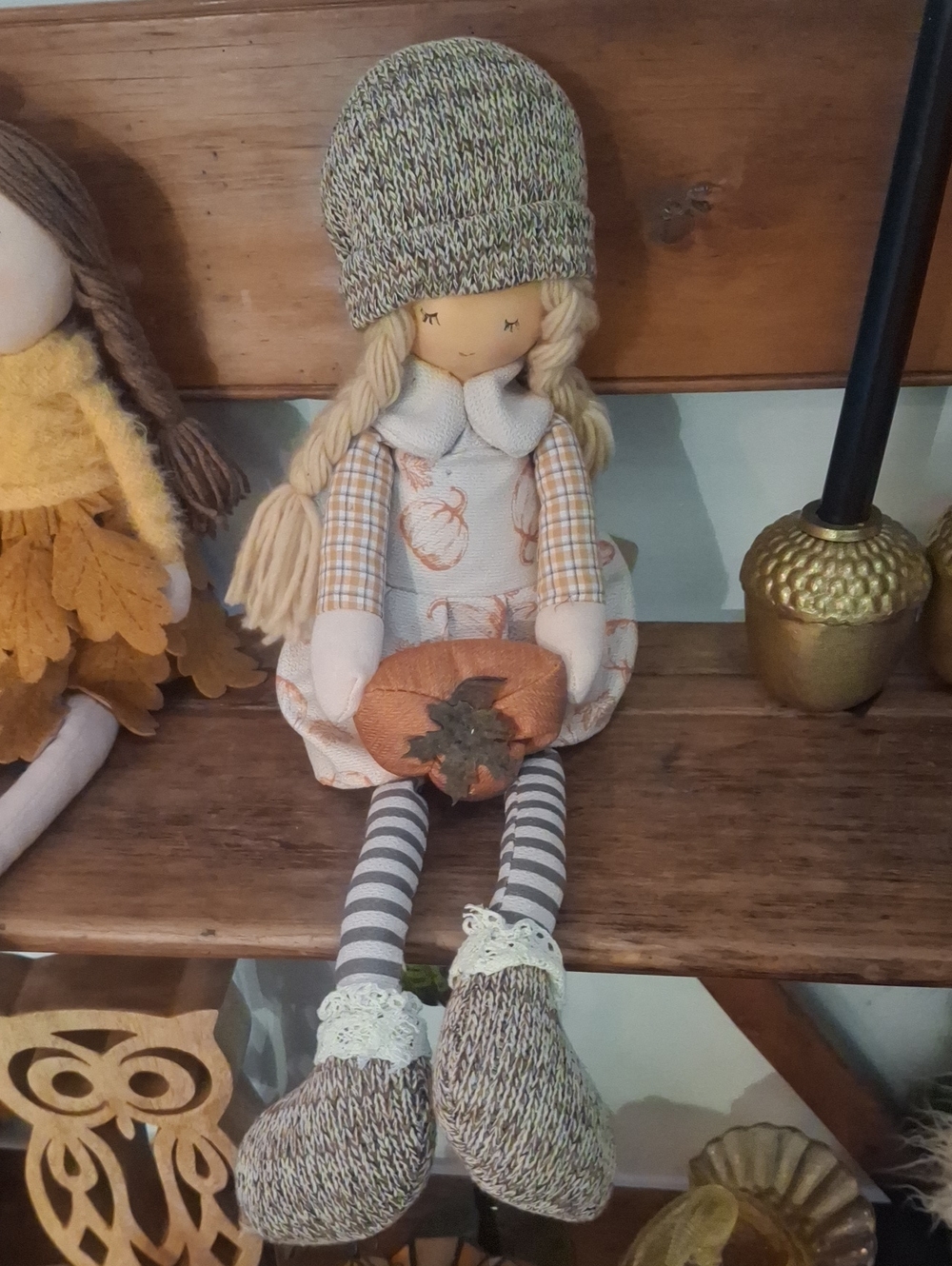 Handcrafted Neutral-Tone Decorative Rag Doll with Knit Hat